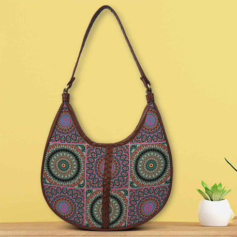 Multicolored Ethnic Motifs Printed Half Moon Hobo Bag - Uncommongifts.in